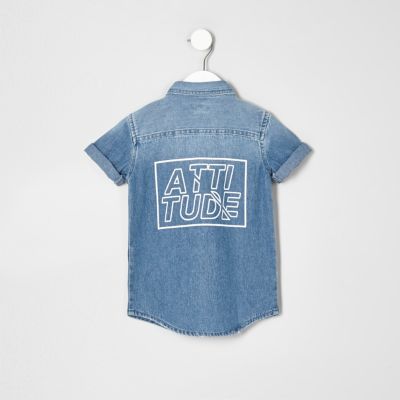 Mini boys blue denim &#39;attitude&#39; shirt